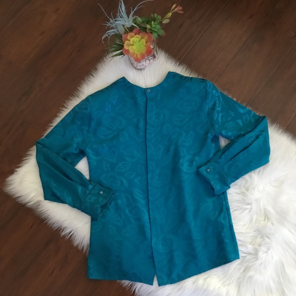 Vintage Turquoise Floral 100% Pure Silk Long Sleeve Top Size 4 - Picture 4 of 9